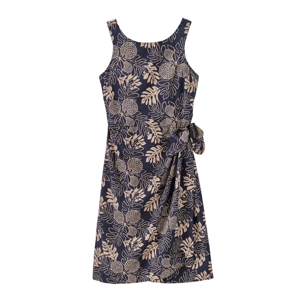 Patagonia Navy Blue Floral Midi Dress with Beige Print